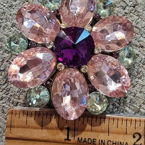 #Vintage Statement 2" Round #Brooch Deep Fuchsia Pink Lime Green Open Bck Flower - Picture 5 of 6